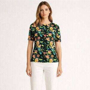 Ted Baker London Donisha Floral Elbow Sleeve Crew Neck Top Black Multi US 6